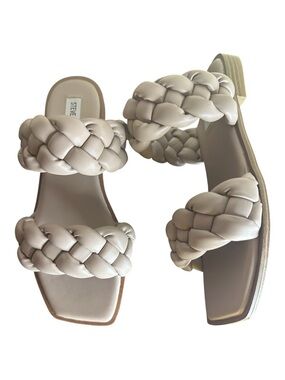 Steve Madden “Spain” Braided Taupe and Black Double-Strap Slide Sandals